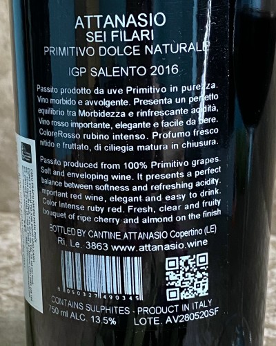 ATTANASIO PRIMITIVO SEI FILARI 13,5% - 2016
